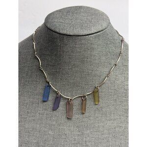 Silver Necklace With Multicolor Glass Pendants And Hook Clasp